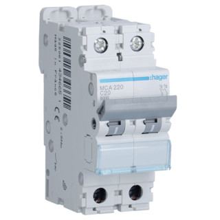 Interrupteur magnétothermique Hager 2P 20A 6 KA C 2 modules MCA220