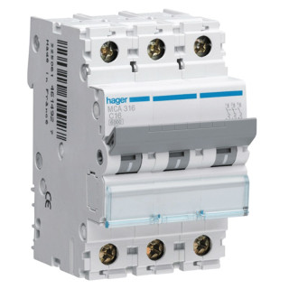 Interruttore Magnetotermico Hager 3P 16A 6KA C 3 moduli MCA316