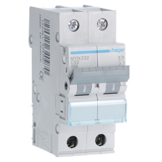 Interrupteur Magnétothermique Hager 2P 32A 4.5 KA C 2 moduliMYN232