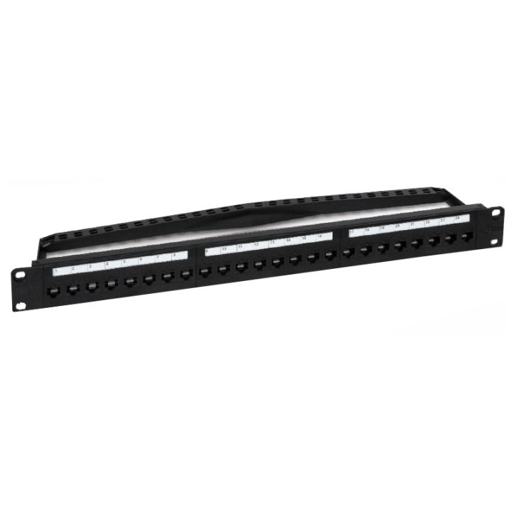 Item STACKABLE 24-socket RJ45 CAT.5E UTP patch panel black 50110